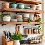 Well-organized kitchen, Key features a bamboo cutlery organizer, sharp chef's knives, reclaimed wood open