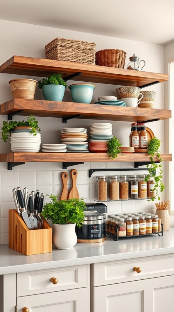 Well-organized kitchen, Key features a bamboo cutlery organizer, sharp chef's knives, reclaimed wood open