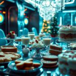 A stunning holiday dessert table featuring an array of festive treats: a beautifully arranged pumpkin pie with a dollop of whipped cream, a plate of intricately decorated gingerbread cookies, a rich fruitcake adorned with colorful candied fruits, a frosty glass of eggnog with a sprinkle of nutmeg, pieces of homemade peppermint bark with crushed peppermint on top, and a tall glass trifle showcasing layers of sponge cake, custard, and fresh berries